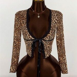 Leopard Print Lace Trim Women's Top